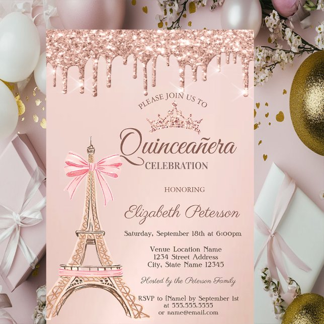  Eiffel Tower,Bow Rose Gold Drips Quinceañera  Einladung (Von Creator hochgeladen)