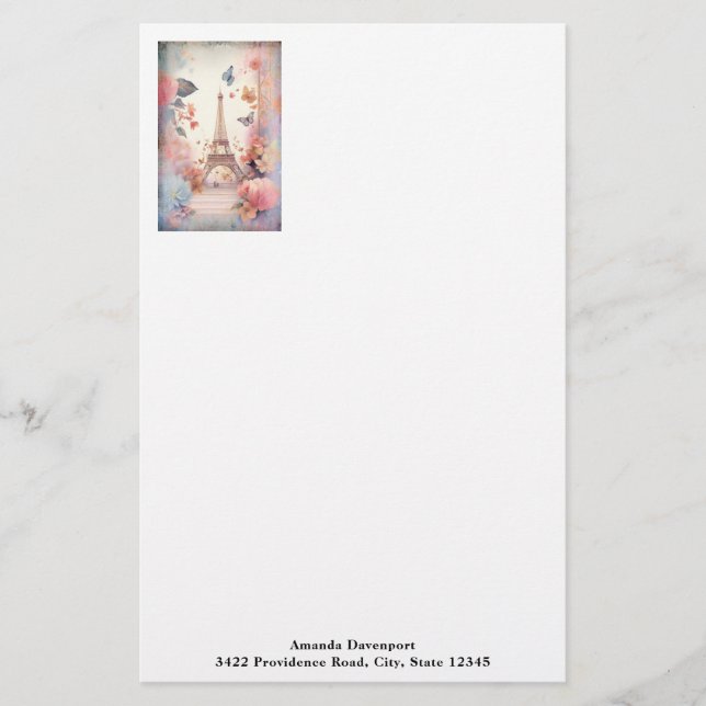 Eiffel Tower Butterflies and Flowers Briefpapier (Vorderseite)