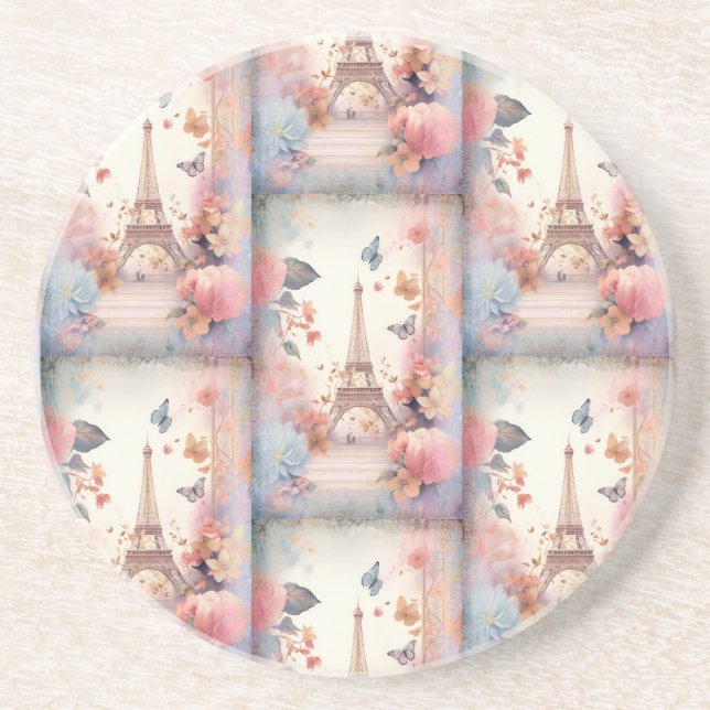Eiffel Tower Butterflies and Flowers Getränkeuntersetzer (Vorne)