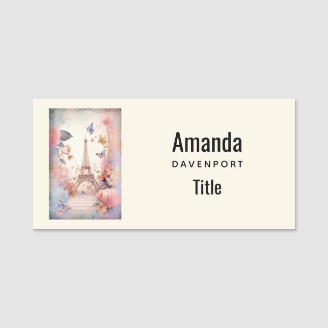 Eiffel Tower Butterflies and Flowers Namensschild (Vorderseite)