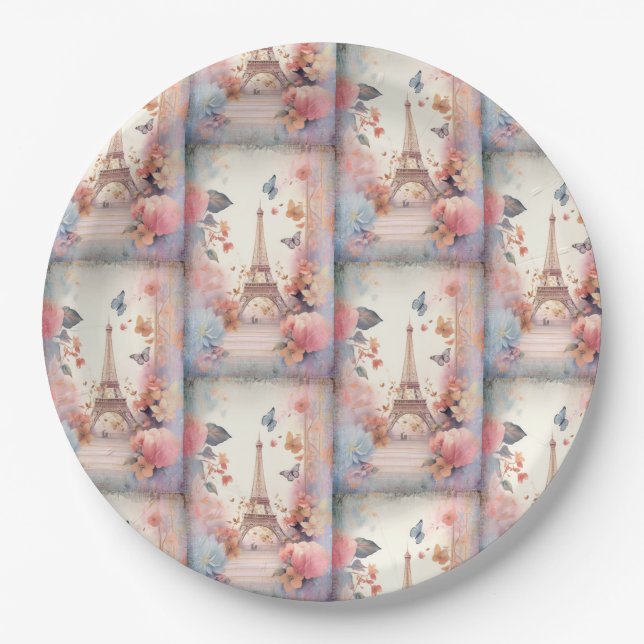 Eiffel Tower Butterflies and Flowers Pappteller (Vorderseite)