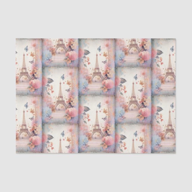 Eiffel Tower Butterflies and Flowers Pattern Seidenpapier (Vorderseite)