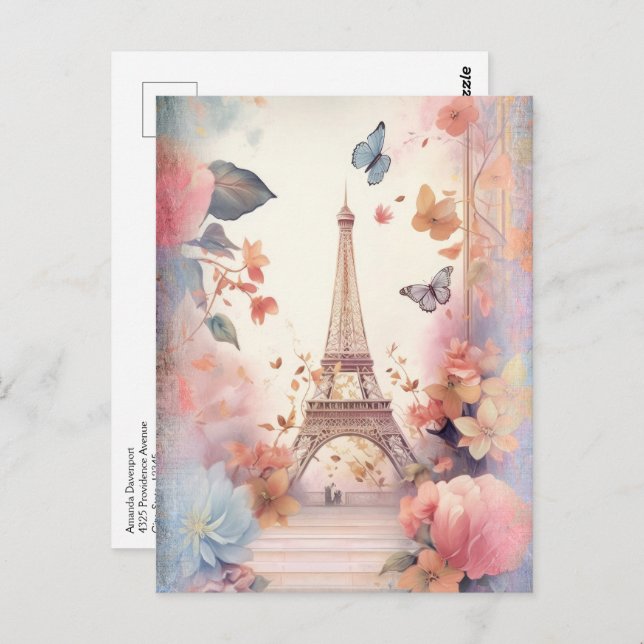 Eiffel Tower Butterflies and Flowers Postkarte (Vorne/Hinten)