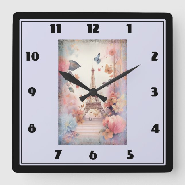 Eiffel Tower Butterflies and Flowers Quadratische Wanduhr (Vorderseite)