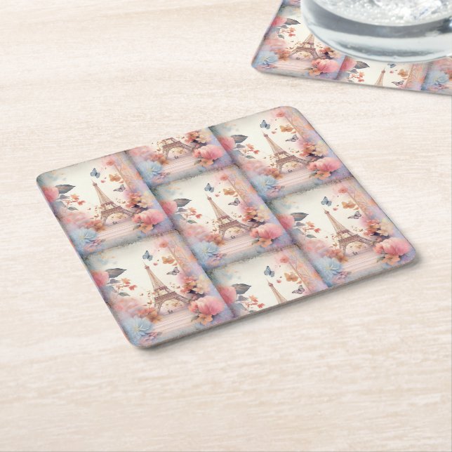 Eiffel Tower Butterflies and Flowers Rechteckiger Pappuntersetzer (angewinkelt)