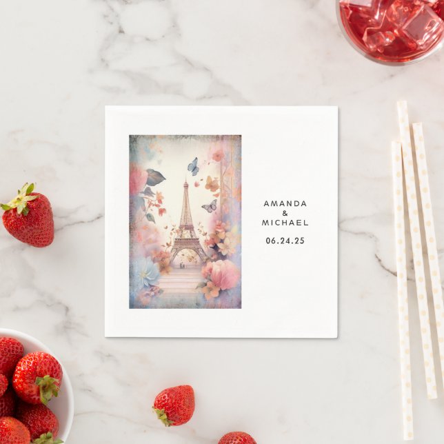 Eiffel Tower Butterflies and Flowers Wedding Serviette (Beispiel)