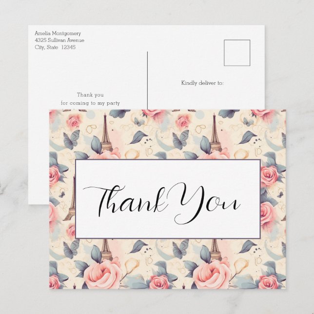 Eiffel Tower Butterfly und Rose Muster Vielen Dank Postkarte (Vorne/Hinten)