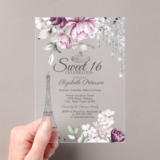  Eiffel Tower,Drips,Lilac Flowers Sweet 16   Acryleinladungen (Insitu (Handheld))
