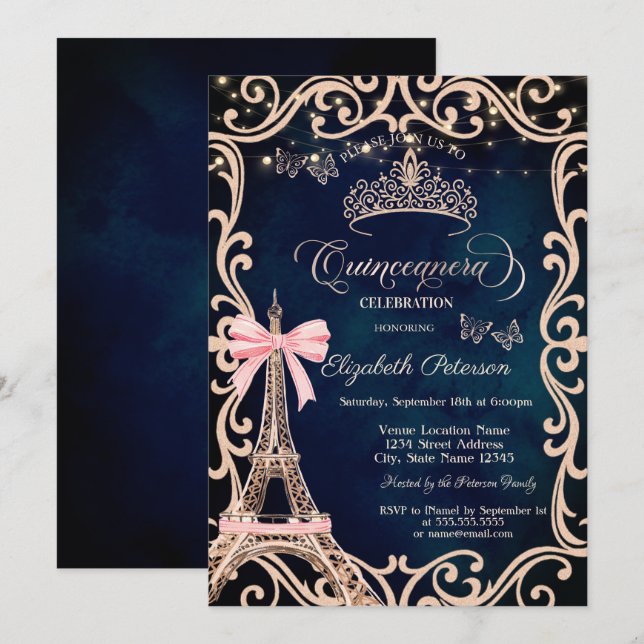 Eiffel Tower Frame Glitter Butterfly Blue  Einladung (Vorne/Hinten)