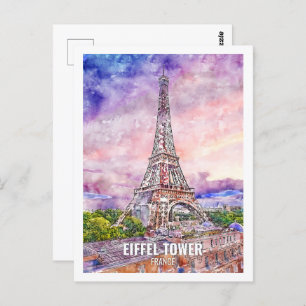 Eiffel Tower France Travel Place Watercolor Postkarte