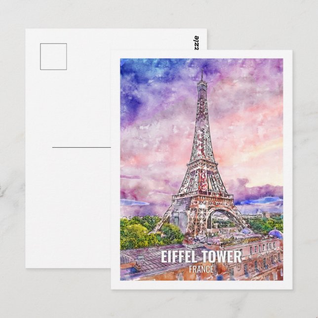 Eiffel Tower France Travel Place Watercolor Postkarte (Vorne/Hinten)