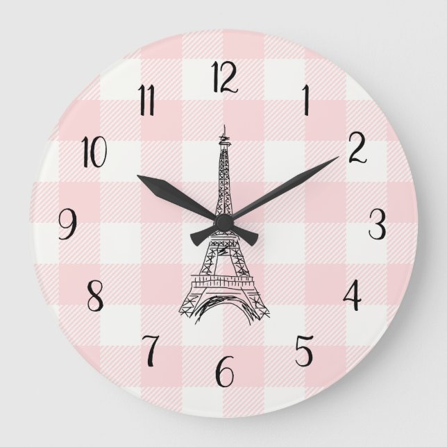 Eiffel Tower French Country Pink Gingham Pattern Große Wanduhr (Vorderseite)