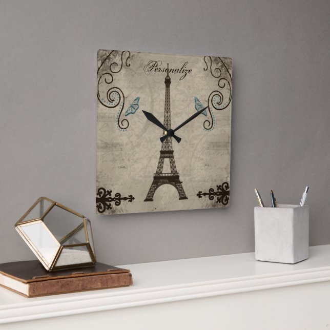 Eiffel Tower Grunge Wall Clock Quadratische Wanduhr (Büro)