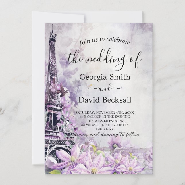Eiffel Tower Lavender Romance QR Code Wedding Einladung
