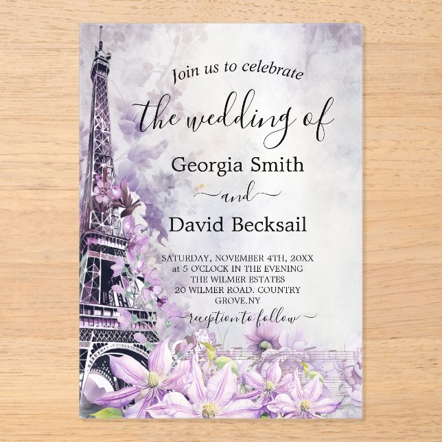 Eiffel Tower Lavender Romance Wedding Acryleinladungen (Vorderseite)