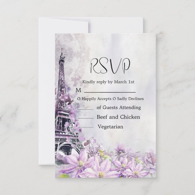 Eiffel Tower Lavender Romance Wedding RSVP Karte (Vorderseite)