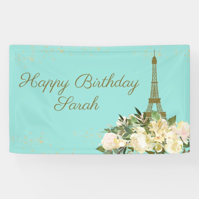 Eiffel Tower Paris Birthday Aqua Mint Gold Banner (Horizontal)