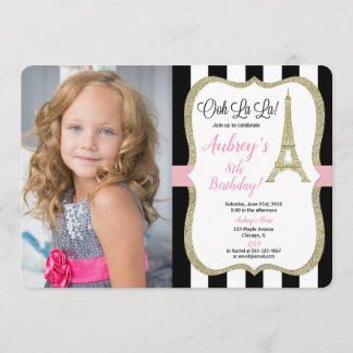Eiffel tower paris birthday photo pink gold black einladung