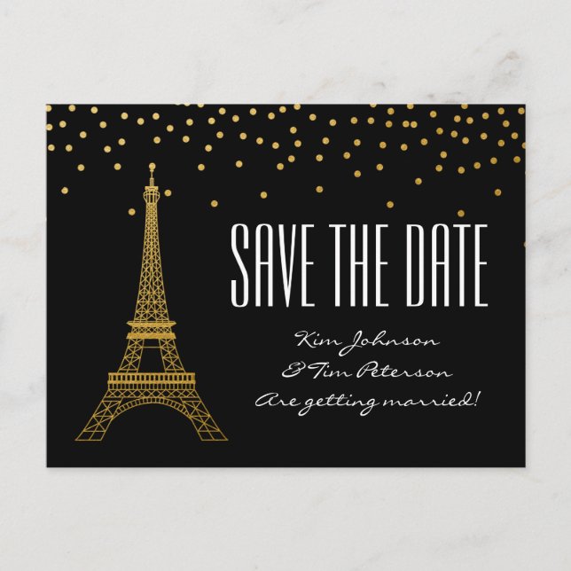 Eiffel Tower Paris Black Gold Save the Date Ankündigungspostkarte (Vorderseite)