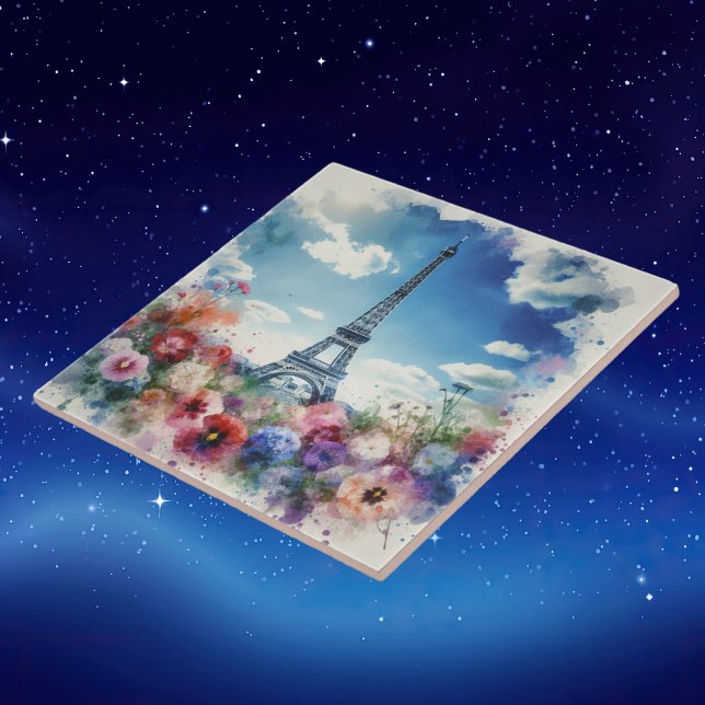 Eiffel Tower Paris Floral Watercolor | Fliese (Von Creator hochgeladen)