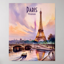Eiffel Tower Paris France Sunset Watercolor Travel Poster
