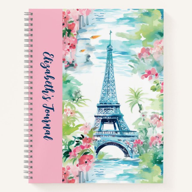 Eiffel Tower Paris Frankreich Pink Floral Journal Notizbuch (Vorderseite)