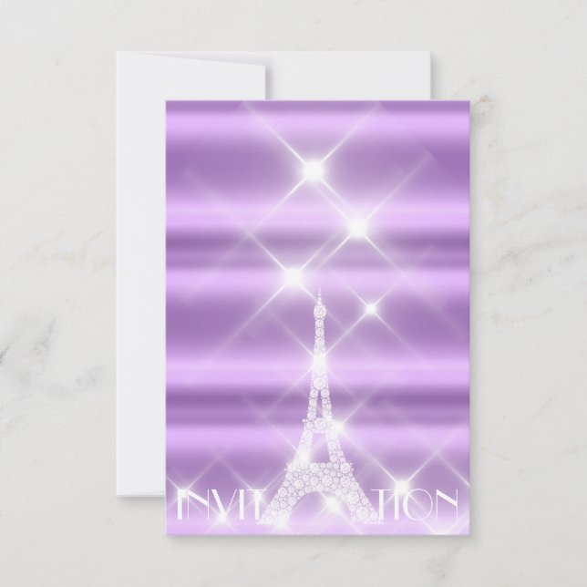 Eiffel Tower Paris Funkelnd Stars Lila Diamond Einladung (Vorderseite)