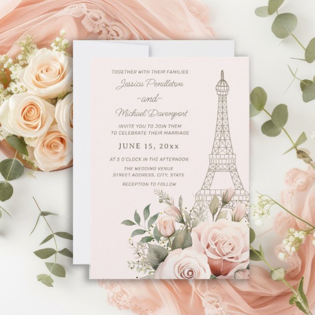 Eiffel Tower Paris Pink Roses Wedding Einladung (Eiffel Tower Pink Roses wedding invitation)