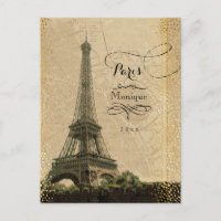 Eiffel Tower Paris Vintag Map Gold Dots Monogram