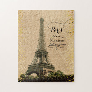 Eiffel Tower Paris Vintag Map Monogram Name Puzzle