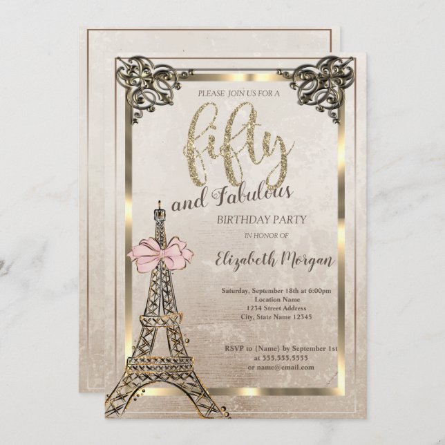 Eiffel Tower,Pink Bow Border 50th Birthday Party  Einladung (Vorne/Hinten)