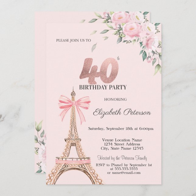 Eiffel Tower Pink Bow Flowers 40th Birthday Einladung (Vorne/Hinten)
