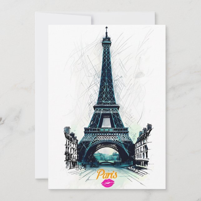 Eiffel Tower Sketch Print, Line Drawing, Paris Einladung (Vorderseite)