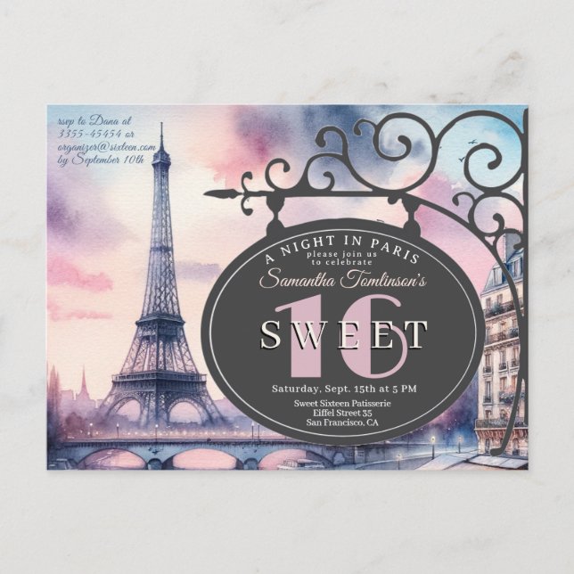 Eiffel Tower Sweet 16 Birthday Invitation Postcard Postkarte (Vorderseite)