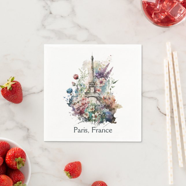 Eiffel Tower Watercolor Florals Paris Frankreich Serviette (Beispiel)