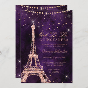 Eiffel-Turm-RosengoldGlitter lila quinceanera Einladung