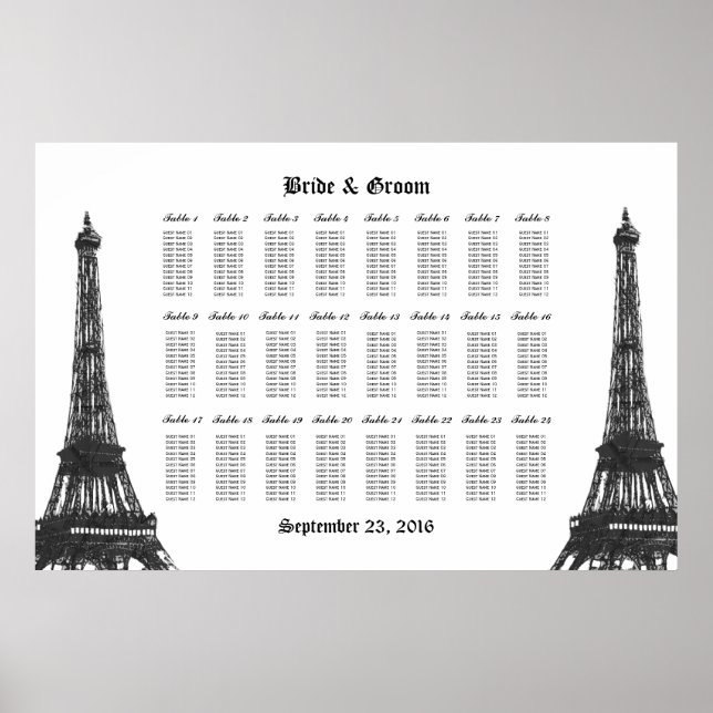 Eiffelturm 24 Tabelle Große Sitzkarte Poster (Vorne)