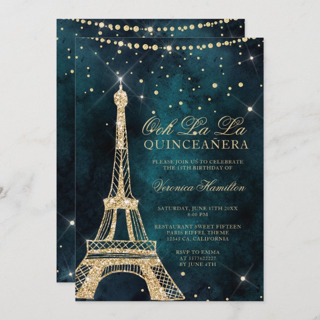 Eiffelturm aquamariner Glitzer glänzen Quinceanera Einladung (Vorne/Hinten)
