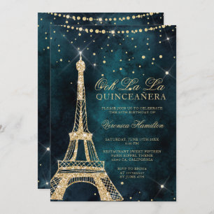 Eiffelturm aquamariner Glitzer glänzen Quinceanera Einladung