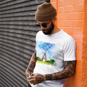 Eiffelturm Aquarell Paris Skyline Kunst Druck T-Shirt
