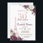 Eiffelturm Burgund Blume 30. Geburtstag Einladung<br><div class="desc">Glitzer Eiffelturm,  bordeauxrote Blume und Goldkonfetti auf der Rose Gold Hintergrund Geburtstagsfeier Einladung.</div>