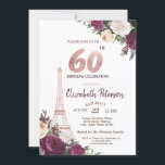 Eiffelturm Burgund Blume 60. Geburtstag Einladung<br><div class="desc">Glitzer Eiffelturm,  bordeauxrote Blume und Goldkonfetti auf der Rose Gold Hintergrund Geburtstagsfeier Einladung.</div>