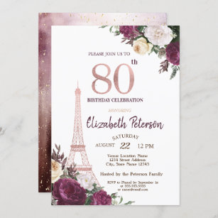 Eiffelturm Burgund Blume 80. Geburtstag Einladung
