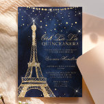 Eiffelturm Chic Gold Glitzer funkeln Quinceanera Einladung<br><div class="desc">Moderne,  schicke und glamouröse QUINCEAÑERA mit einem handgezeichneten goldenen Glitzer französischer Paris-Thema Eiffelturm mit Rose Gold Glitzer Diamond Glitzern auf einem dunkelmarineblau Aquarell Quinceanera Hintergrund.</div>