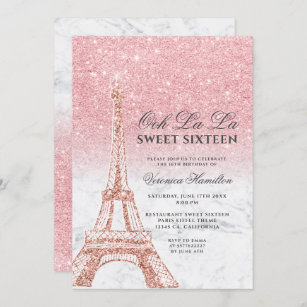 Eiffelturm Chic rosa Glitzer Marmor Sweet 16 Einladung