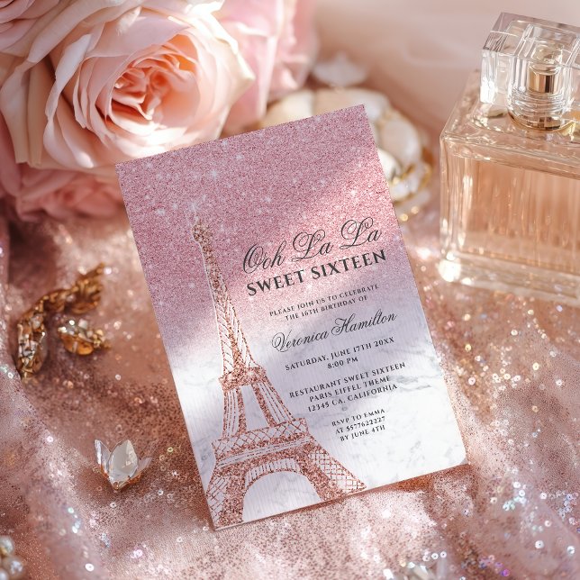 Eiffelturm Chic rosa Glitzer Marmor Sweet 16 Einladung (Eiffel tower chic pink glitter marble Sweet 16 Invitation)