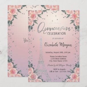 Eiffelturm Diamanten Blumen Rosa Quinceañera Einladung