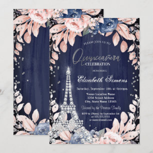 Eiffelturm Diamanten Marineblaue Rosen Quinceanera Einladung