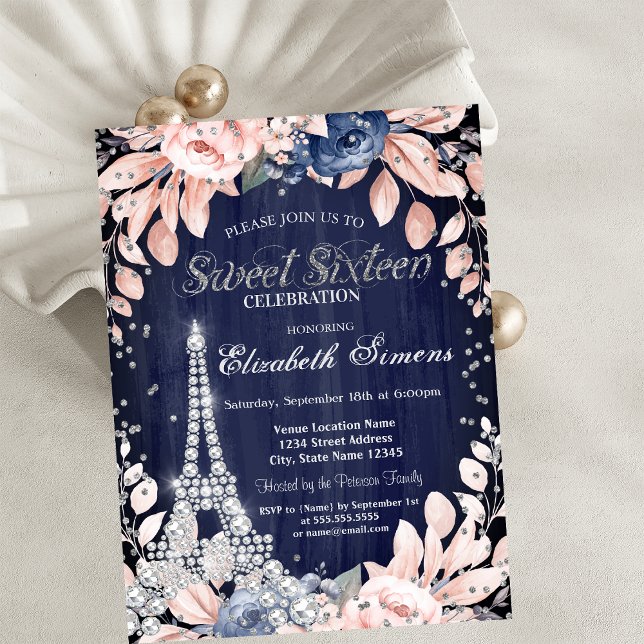Eiffelturm Diamonds Navy Blue Rose Sweet 16 Einladung (Von Creator hochgeladen)