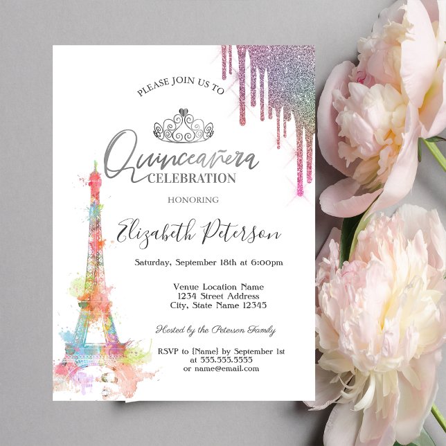 Eiffelturm, farbenfrohe Tropfen Quinceañera Einladung (Von Creator hochgeladen)